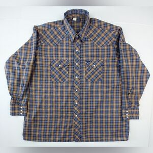 VTG Wrangler Shirt Mens 2XL Blue Brown Plaid Big Man Pearl Snaps Made in USA